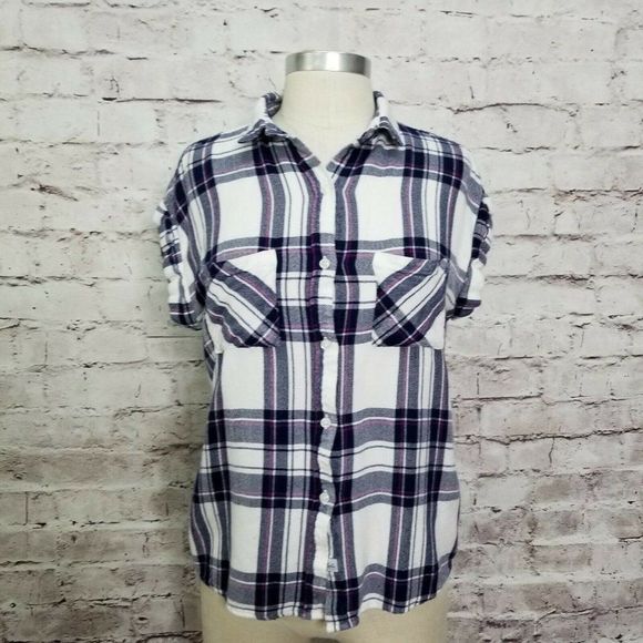 Rails Britt Womens Size XS‎ Rolled Cap Sleeve Plaid Button Front Top - Picture 1 of 8
